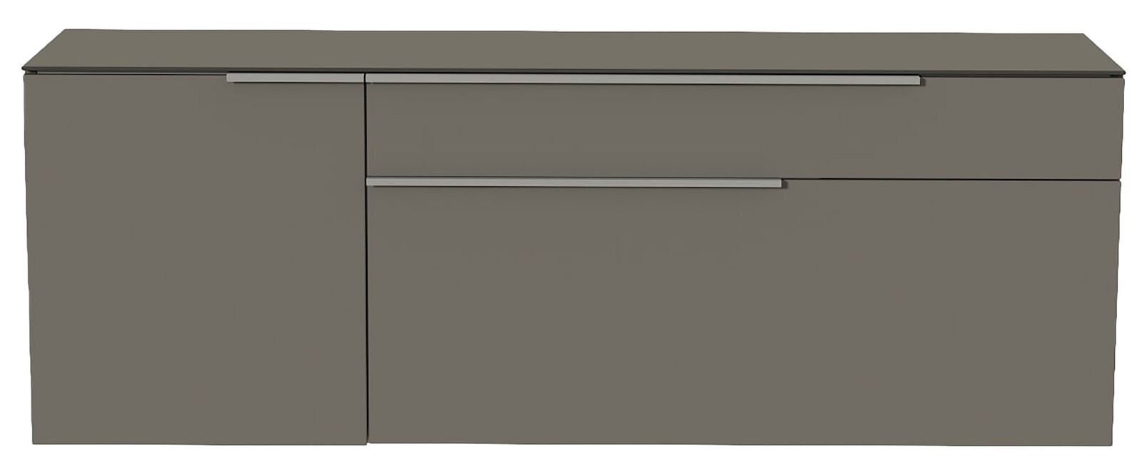 Moderano Hänge-Lowboard BORMIO Frontansicht eines modernen, grauen Hänge-Lowboards mit zwei Schubladen und einem Schrankfach.