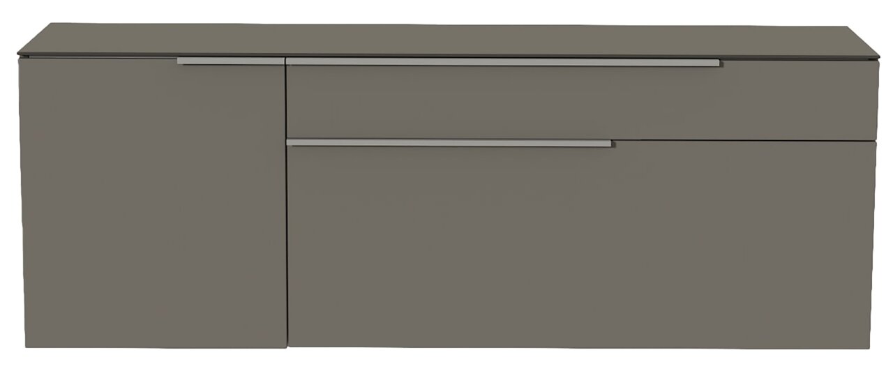 Frontansicht eines modernen, grauen Hänge-Lowboards mit zwei Schubladen und einem Schrankfach.