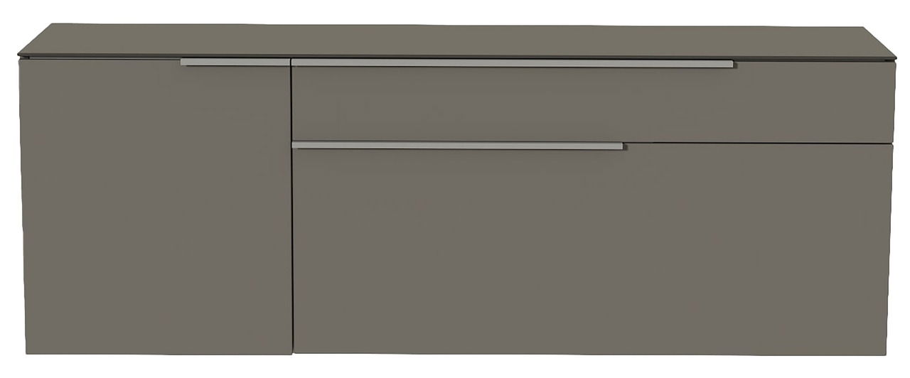 Frontansicht eines modernen, grauen Hänge-Lowboards mit zwei Schubladen und einem Schrankfach.