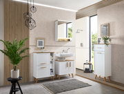 Moderner Waschbeckenunterschrank in einem stilvollen Badezimmer, frontal betrachtet, mit weißen Fronten und Holzdetails.