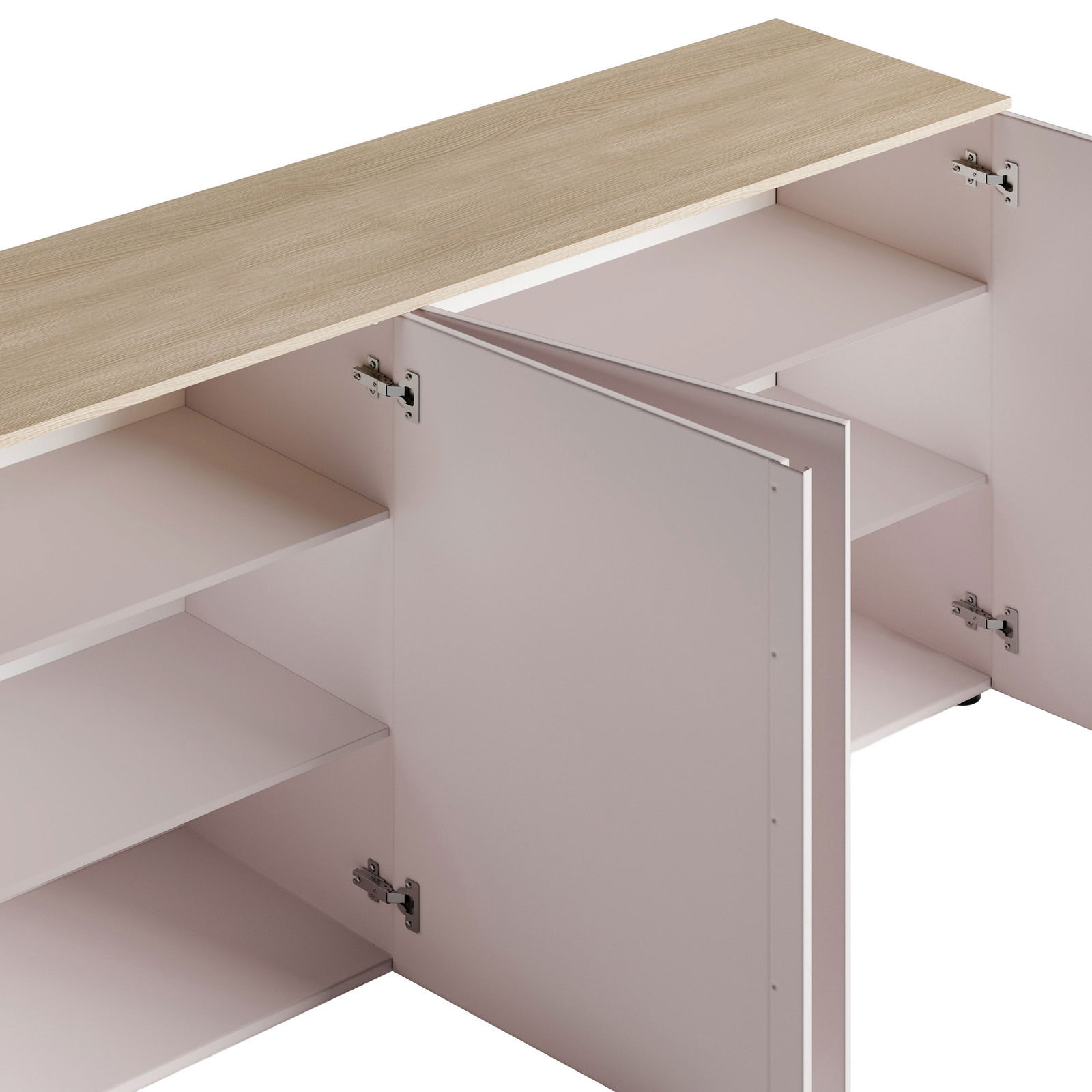 XL-Sideboard mit geöffneter Tür, zeigt Innenregale und Holzoberfläche, Perspektive von oben.