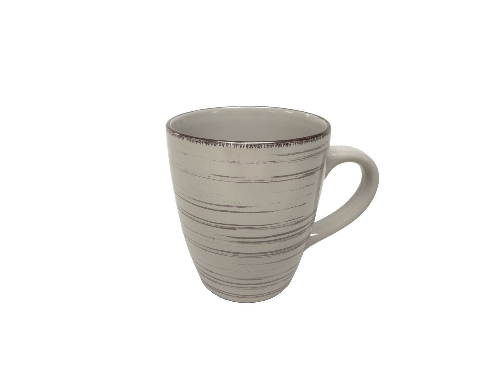 Beige Tasse mit horizontalen Streifen, seitliche Perspektive