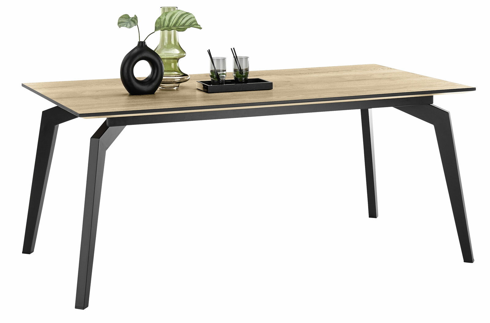 Moderner Esstisch mit Holzplatte und schwarzen Metallbeinen, seitliche Perspektive