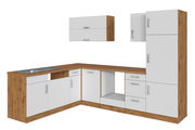 Eck-Küchenzeile in L-Form mit Holzoptik und weißen Fronten, Perspektive von vorne