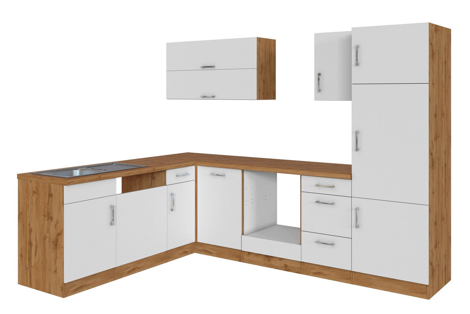 Eck-Küchenzeile in L-Form mit Holzoptik und weißen Fronten, Perspektive von vorne
