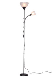 Staande lamp met twee lampkoppen, één naar boven en één naar de zijkant gericht, in een zwart ontwerp. Vooraanzicht.