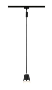 Schwarzes Schienenpendel Cone, hängend an einer Schiene, seitliche Perspektive