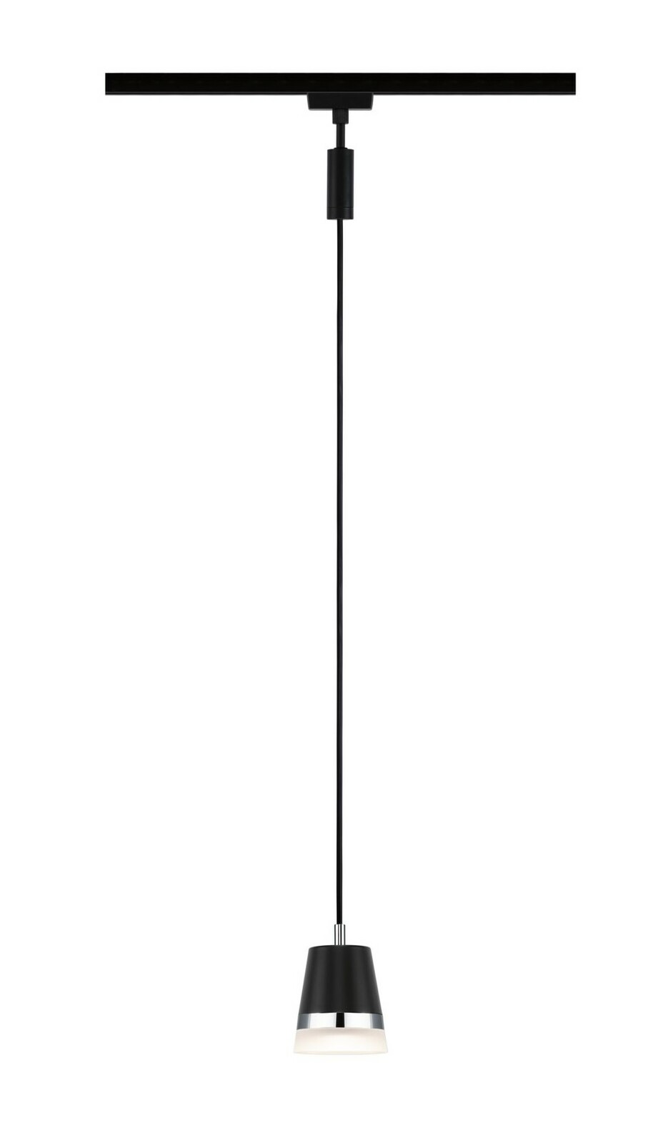 Schwarzes Schienenpendel Cone, hängend an einer Schiene, seitliche Perspektive