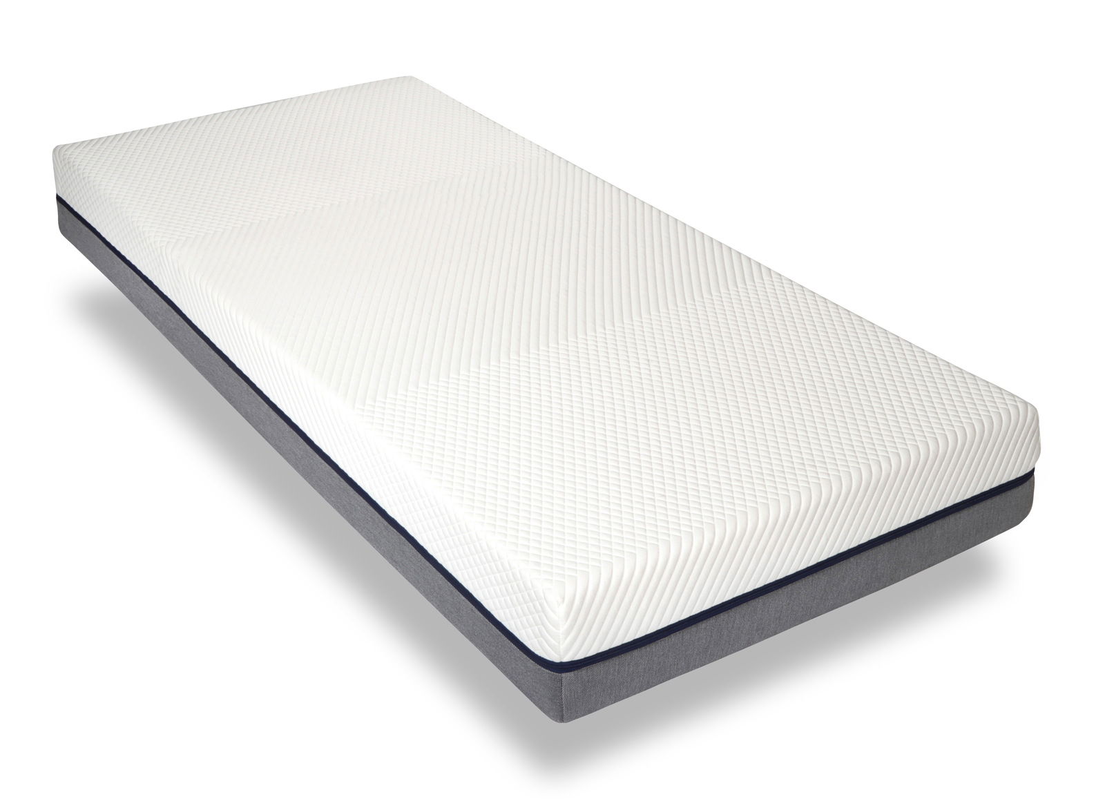 Viskomatratze in schräger Perspektive, mit weißem, strukturiertem Bezug und grauem Rand.