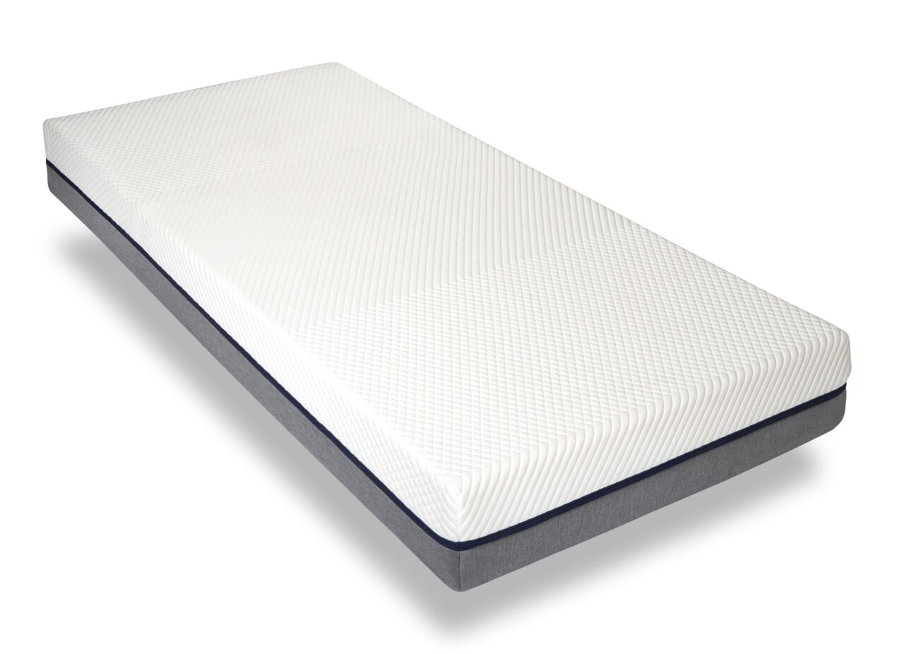 Viskomat-matras in schuin perspectief, met een witte, gestructureerde hoes en een grijze rand.