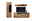 Frontale Ansicht einer modernen Wandkombination aus Holz mit einem hohen Schrank, einem TV-Schrank und einem Wandregal, dekoriert mit Büchern und Vasen.