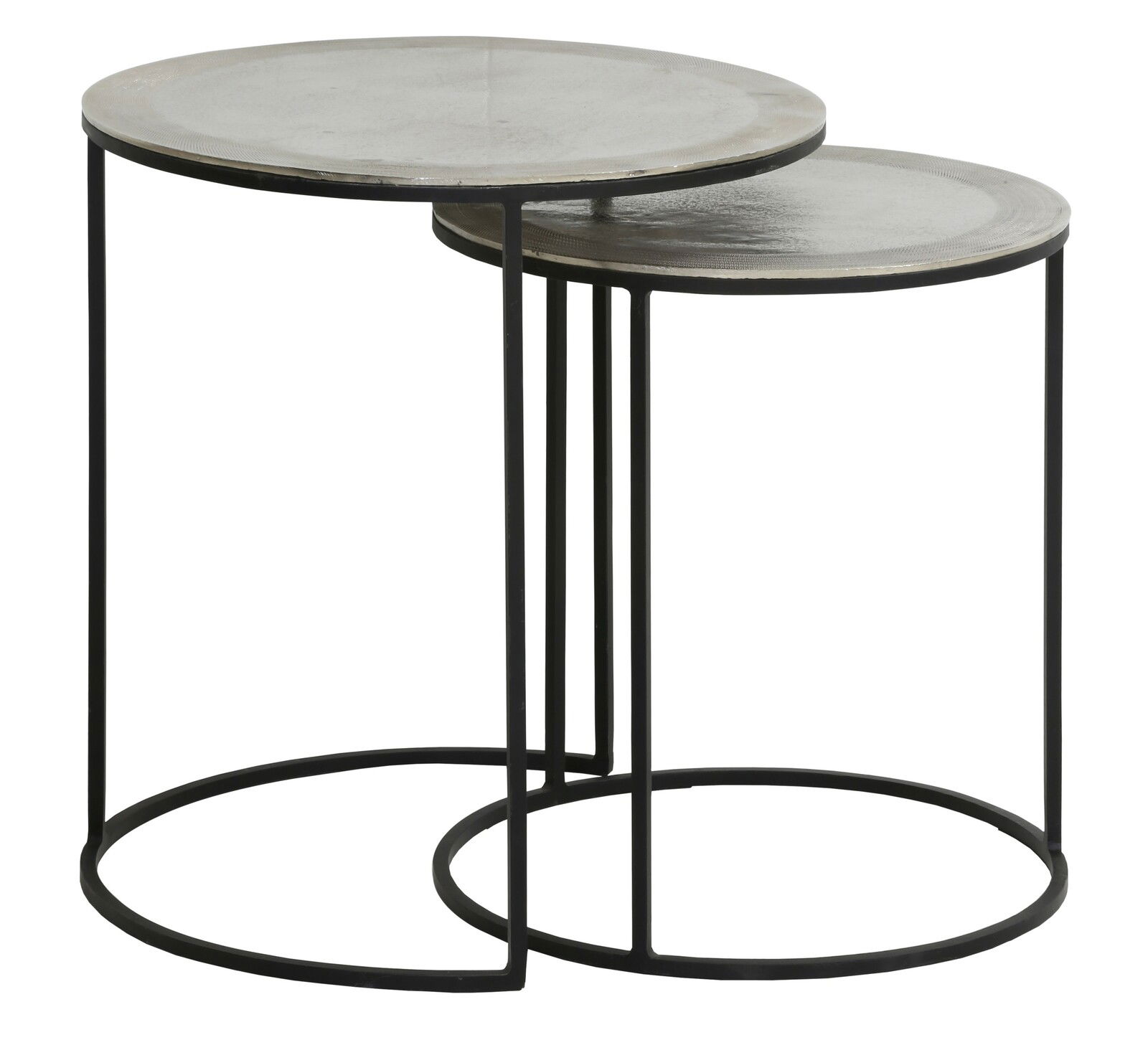 Light&Living Beistelltisch-Set TALCA Zwei runde Beistelltische aus Metall mit schwarzem Gestell, ineinander verschachtelt, seitliche Perspektive.