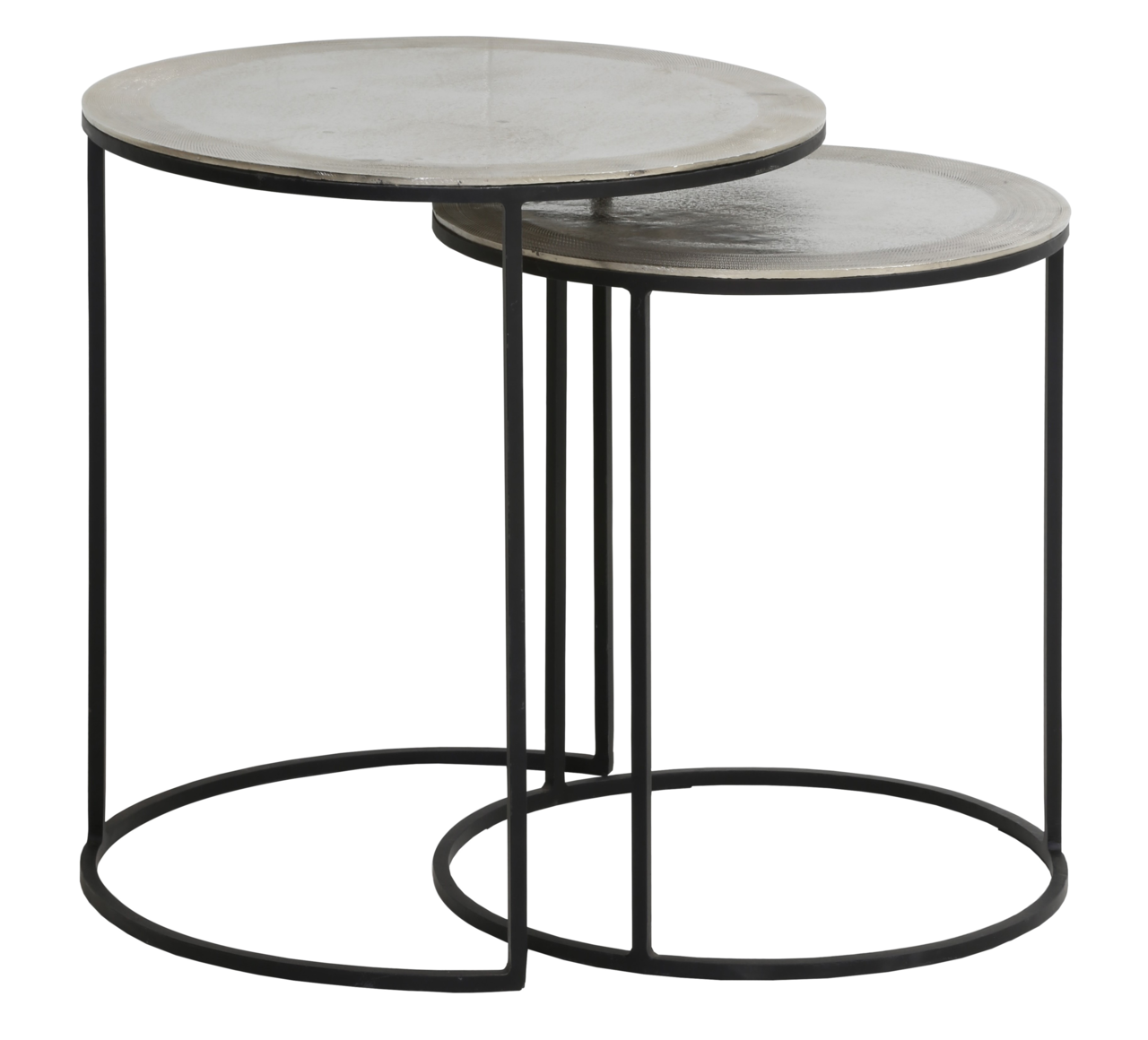 Zwei runde Beistelltische aus Metall mit schwarzem Gestell, ineinander verschachtelt, seitliche Perspektive.