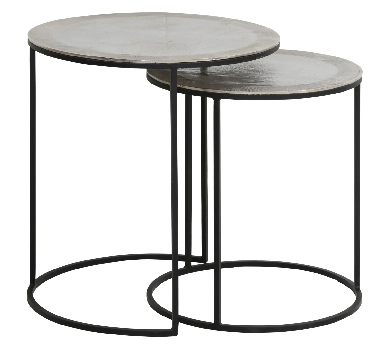 Light&Living Beistelltisch-Set TALCA Zwei runde Beistelltische aus Metall mit schwarzem Gestell, ineinander verschachtelt, seitliche Perspektive.