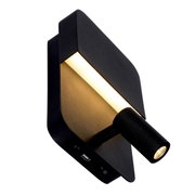 Moderne zwarte wand- en bedlamp met USB-aansluiting en twee schakelaars, zijaanzicht