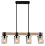 Hängeleuchte mit vier Glühbirnen in Glaszylindern, montiert an einem Holzbalken, aus frontaler Perspektive