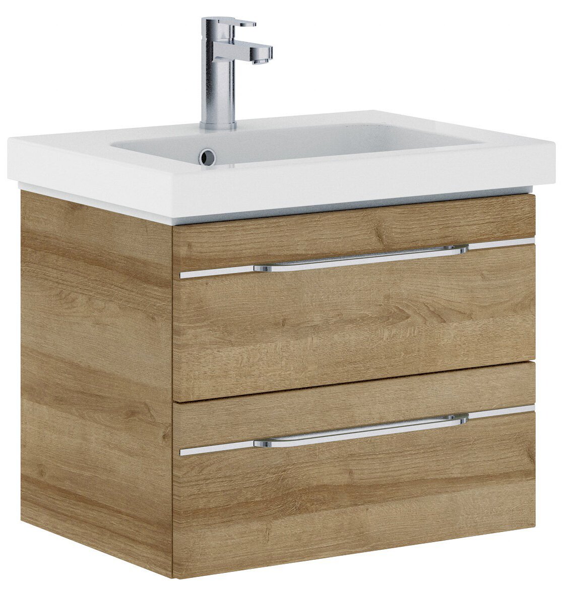 Moderner Waschtisch mit Holzoptik und zwei Schubladen, seitliche Perspektive