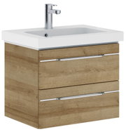 Moderne wastafel met houtlook en twee lades, zijaanzicht