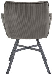 Rückansicht eines Armlehnstuhls mit grauem, geripptem Stoffbezug und schwarzen Metallbeinen.