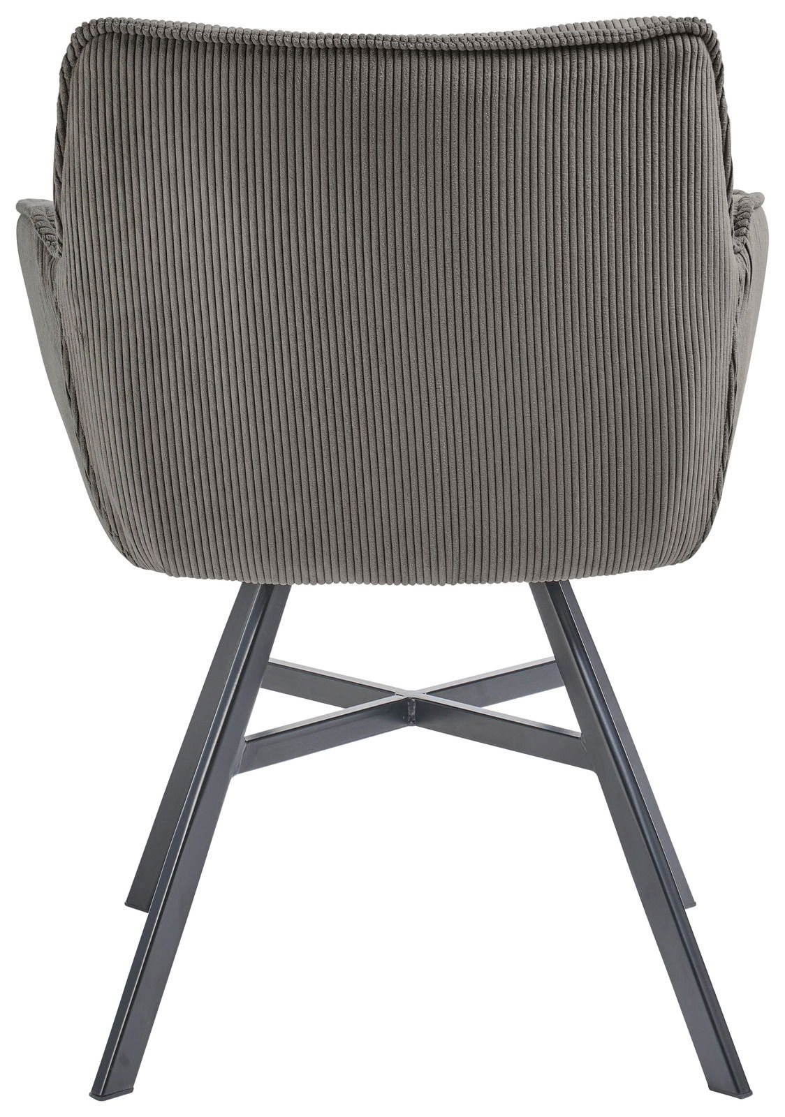 Rückansicht eines Armlehnstuhls mit grauem, geripptem Stoffbezug und schwarzen Metallbeinen.