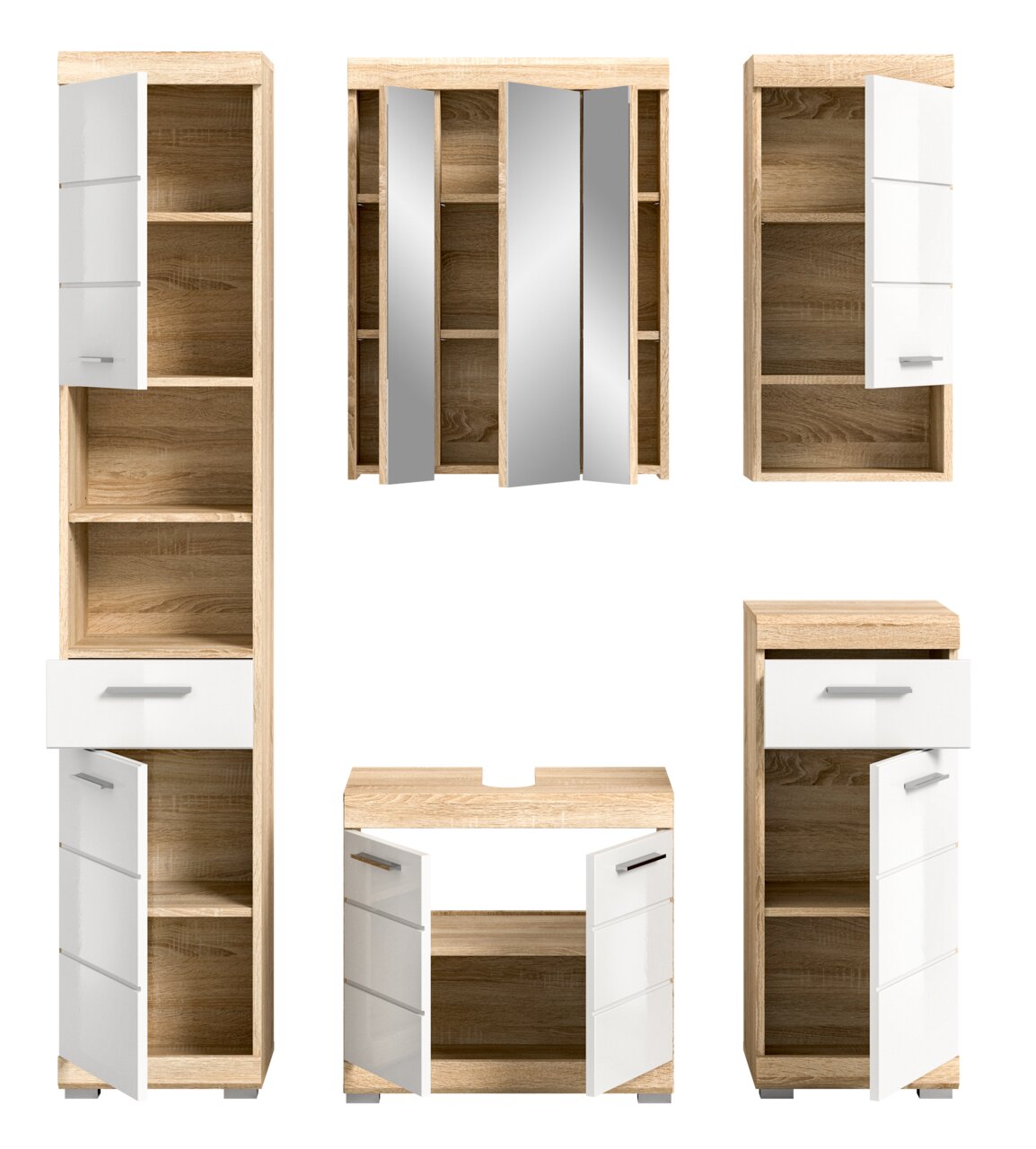 Badezimmermöbel-Set in Holzoptik mit weißen Hochglanzfronten, bestehend aus einem Hochschrank, einem Spiegelschrank und einem Unterschrank, frontal abgebildet.