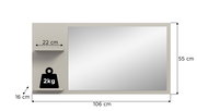 Rechteckiger Wandspiegel mit integrierten Ablagen links, Gesamtmaß ca. 106 x 55 cm, Ablagebreite 22 cm, Tiefe 16 cm, Tragkraft 2 kg, Frontansicht.