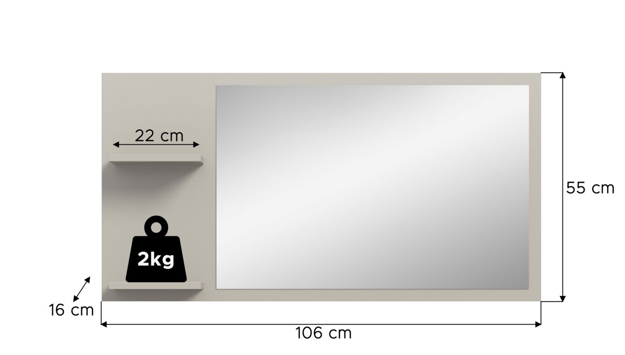 Rechteckiger Wandspiegel mit integrierten Ablagen links, Gesamtmaß ca. 106 x 55 cm, Ablagebreite 22 cm, Tiefe 16 cm, Tragkraft 2 kg, Frontansicht.