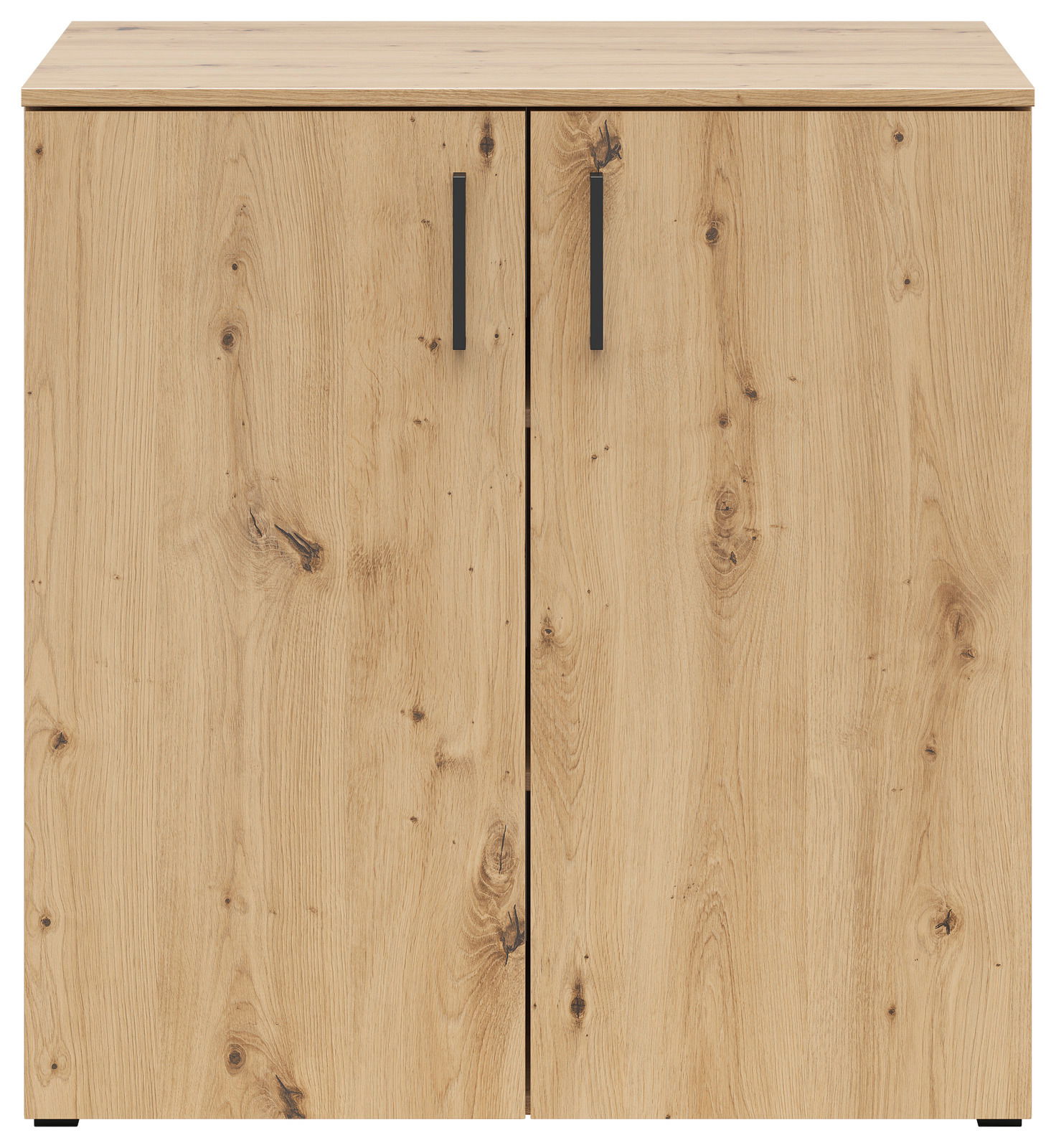 Frontansicht einer Kommode mit zwei Türen in Holzoptik und schwarzen Griffen.