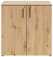 Frontansicht einer Kommode mit zwei Türen in Holzoptik und schwarzen Griffen.