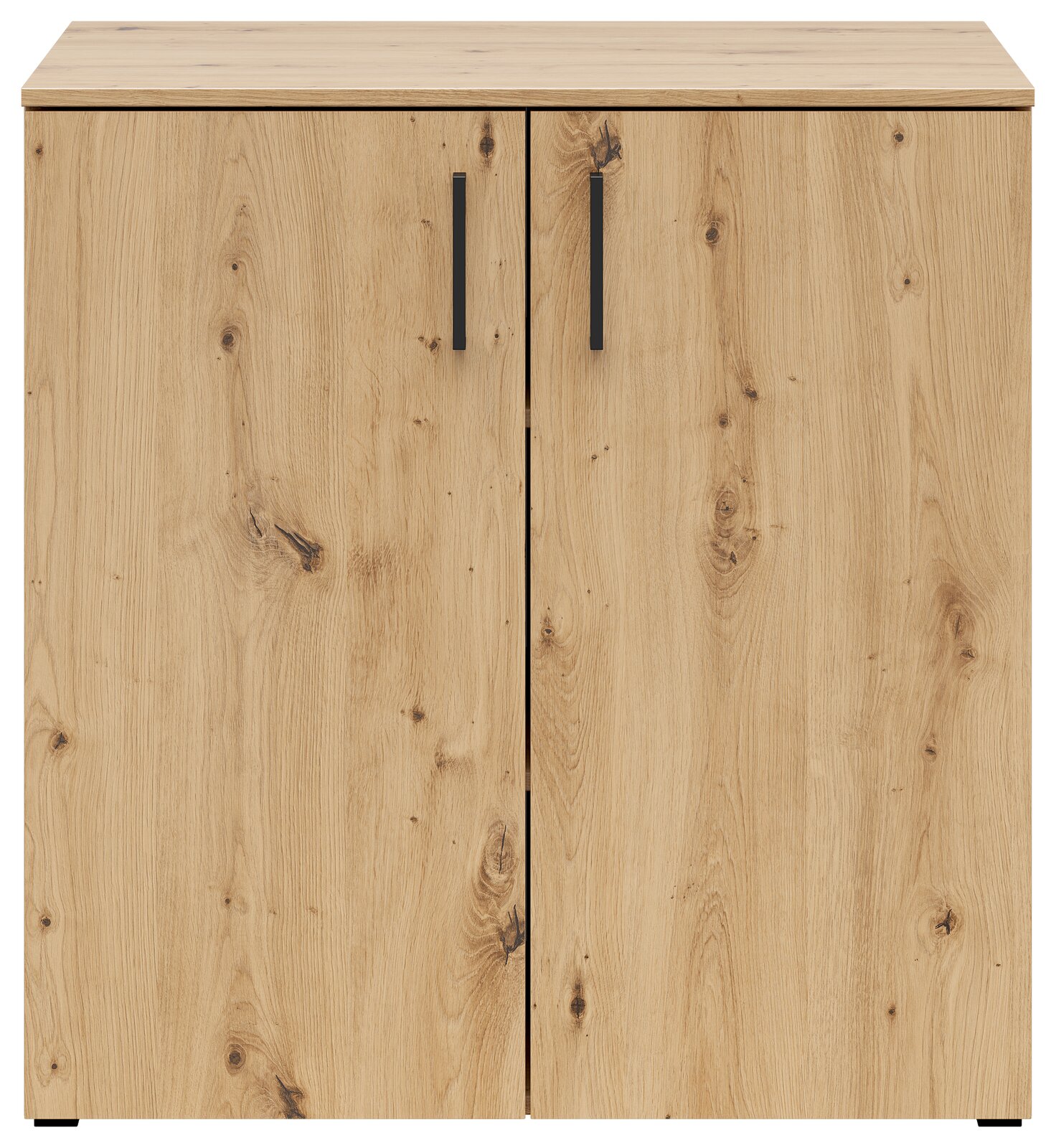 Frontansicht einer Kommode mit zwei Türen in Holzoptik und schwarzen Griffen.