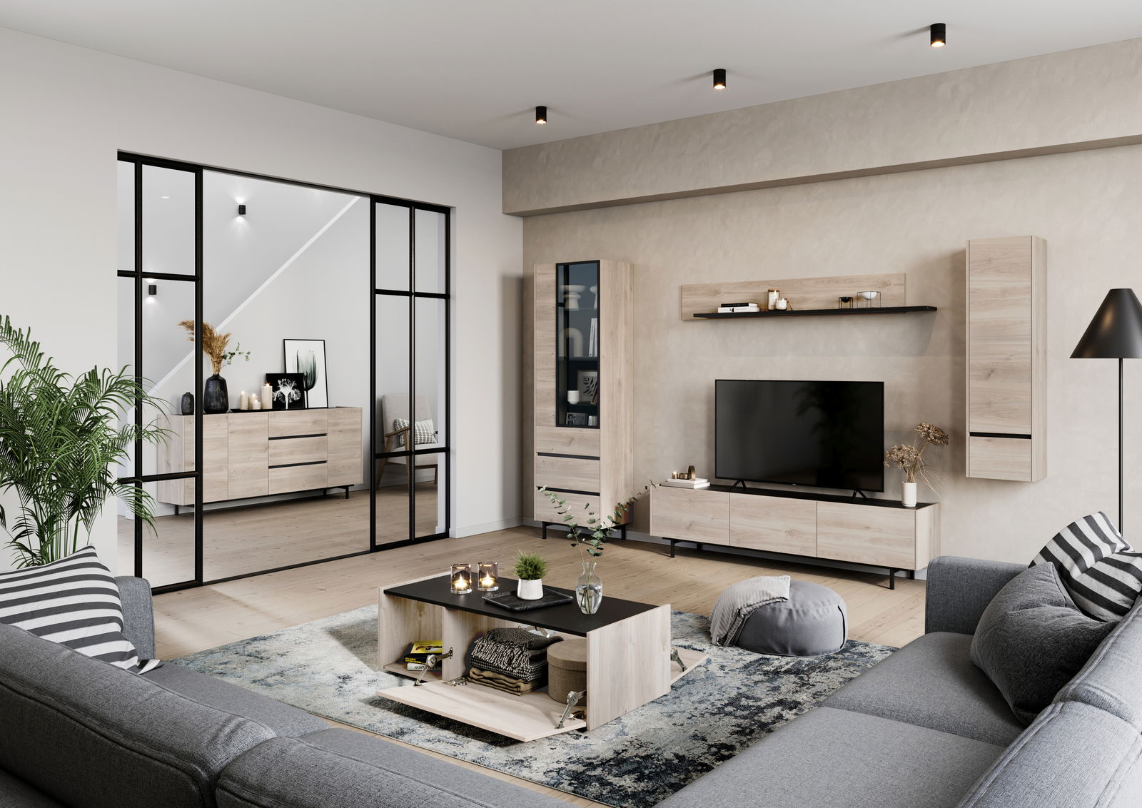 Modernes Wohnzimmer mit einem TV-Lowboard aus hellem Holz, frontal betrachtet. Das Lowboard steht unter einem großen Fernseher, umgeben von stilvollen Dekorationen und Möbeln.