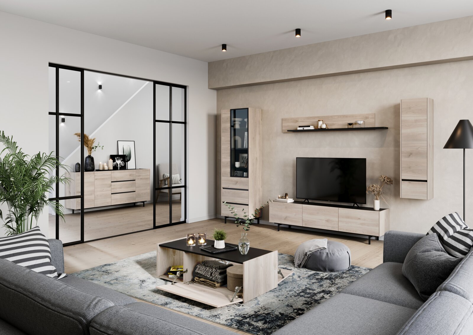 Moderne woonkamer met een tv-kast van licht hout, gezien vanaf de voorkant. De tv-kast staat onder een grote televisie en is omringd door stijlvolle decoraties en meubels.