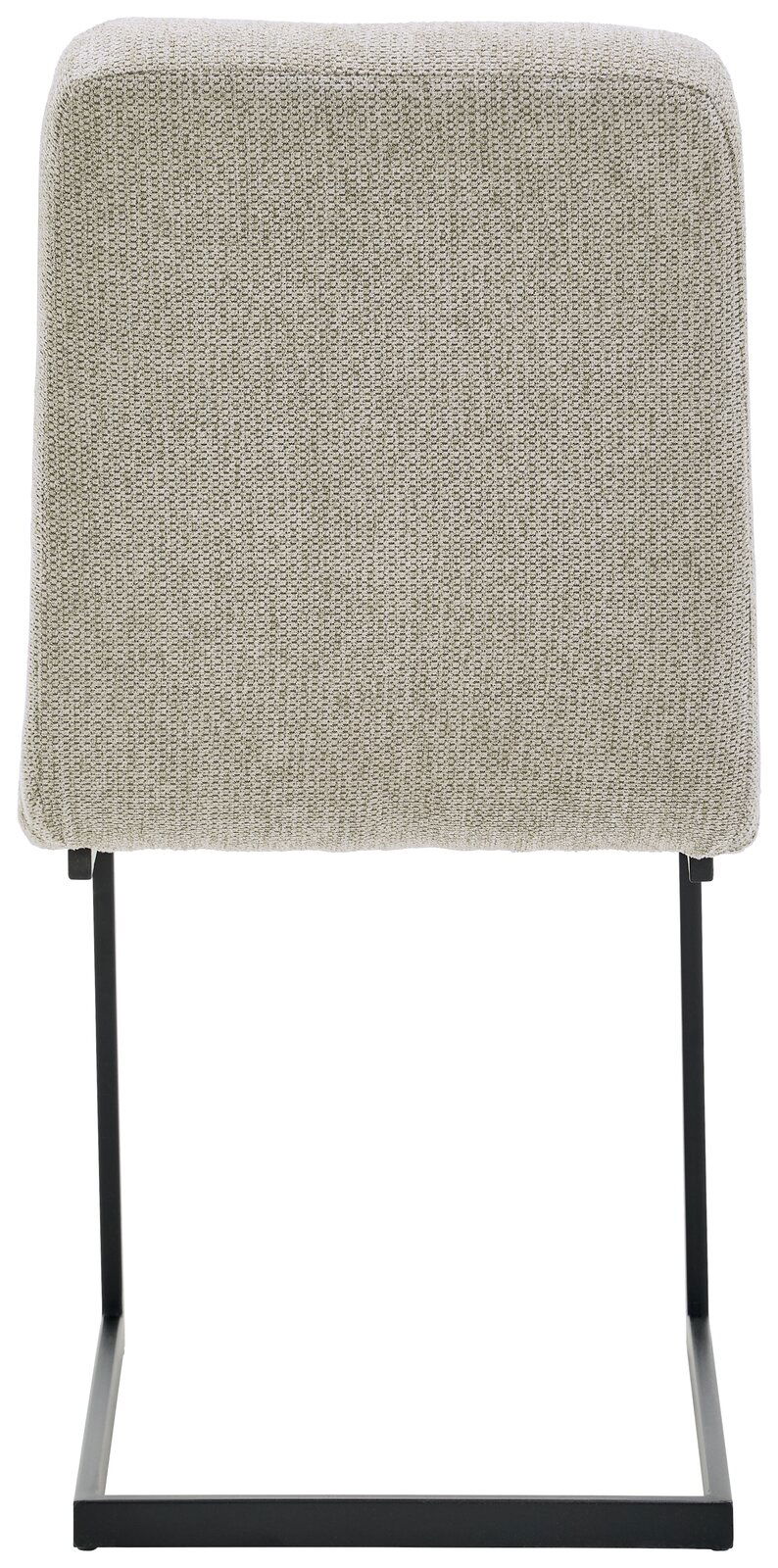 Rückansicht eines Schwingstuhls mit hellgrauem Stoffbezug und schwarzem Metallgestell.