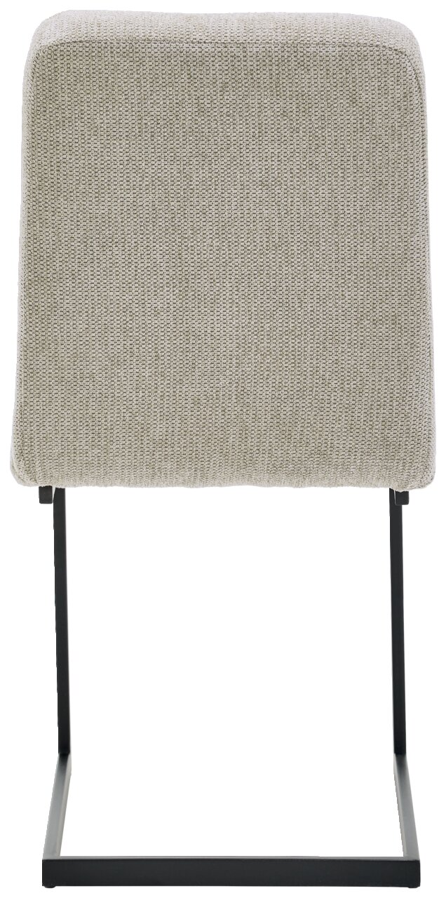 Rückansicht eines Schwingstuhls mit hellgrauem Stoffbezug und schwarzem Metallgestell.