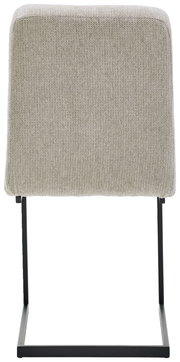 Rückansicht eines Schwingstuhls mit hellgrauem Stoffbezug und schwarzem Metallgestell.