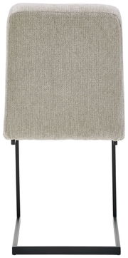 Rückansicht eines Schwingstuhls mit hellgrauem Stoffbezug und schwarzem Metallgestell.