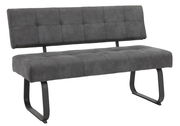 Graue Polsterbank mit Rückenlehne und Metallbeinen, seitliche Perspektive
