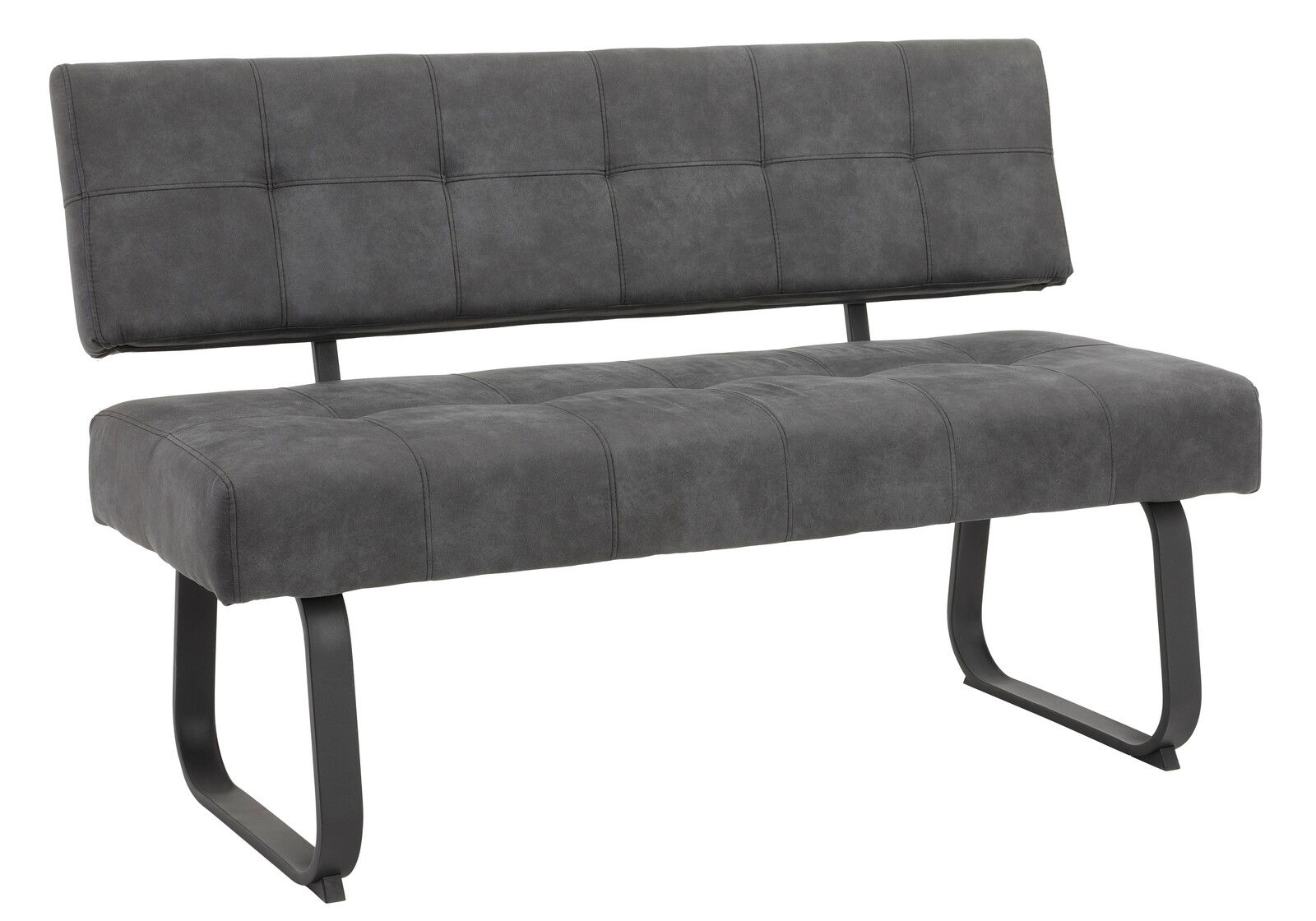 Graue Polsterbank mit Rückenlehne und Metallbeinen, seitliche Perspektive