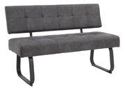 Graue Polsterbank mit Rückenlehne und Metallbeinen, seitliche Perspektive