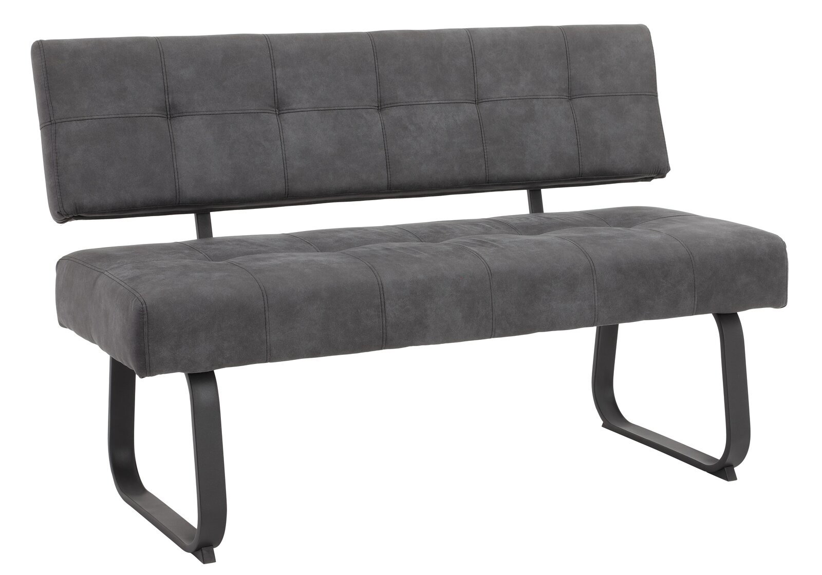 Graue Polsterbank mit Rückenlehne und Metallbeinen, seitliche Perspektive
