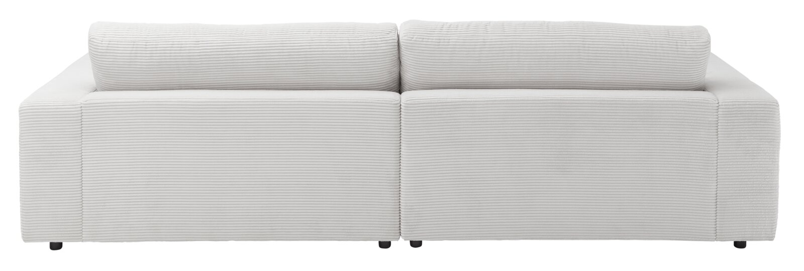Rückansicht eines großen, modernen Megasofas in hellem Stoff mit geripptem Design.