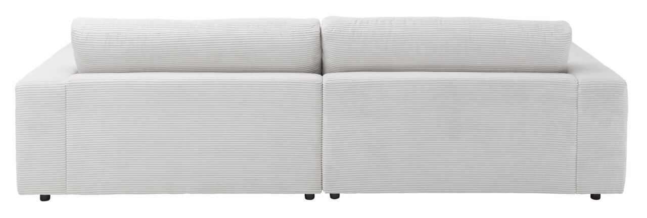 Rückansicht eines großen, modernen Megasofas in hellem Stoff mit geripptem Design.