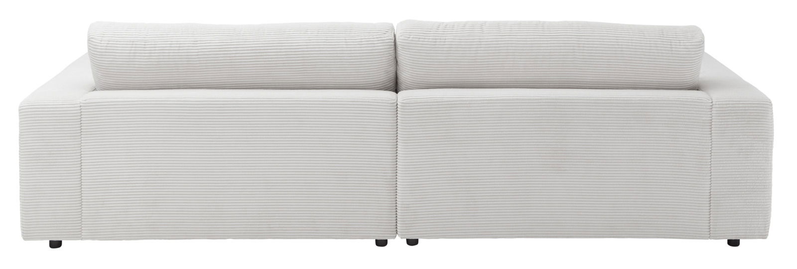 Rückansicht eines großen, modernen Megasofas in hellem Stoff mit geripptem Design.