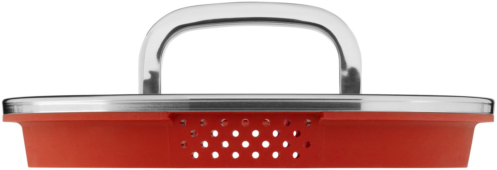 Topfdeckel mit rotem Rand und Edelstahlgriff, seitliche Perspektive