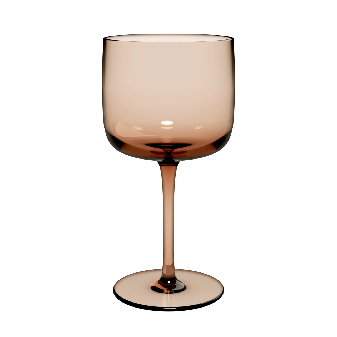 Wijnkelk van bruin glas, van voren gefotografeerd