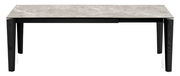 Moderner Esstisch Connubia BAND mit schwarzem Gestell und marmorierter Tischplatte, Frontalansicht.