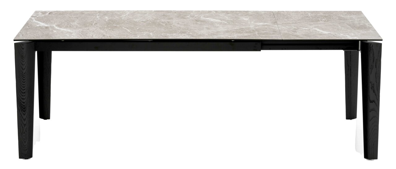 Moderner Esstisch Connubia BAND mit schwarzem Gestell und marmorierter Tischplatte, Frontalansicht.