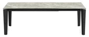 Moderner Esstisch Connubia BAND mit schwarzem Gestell und marmorierter Tischplatte, Frontalansicht.