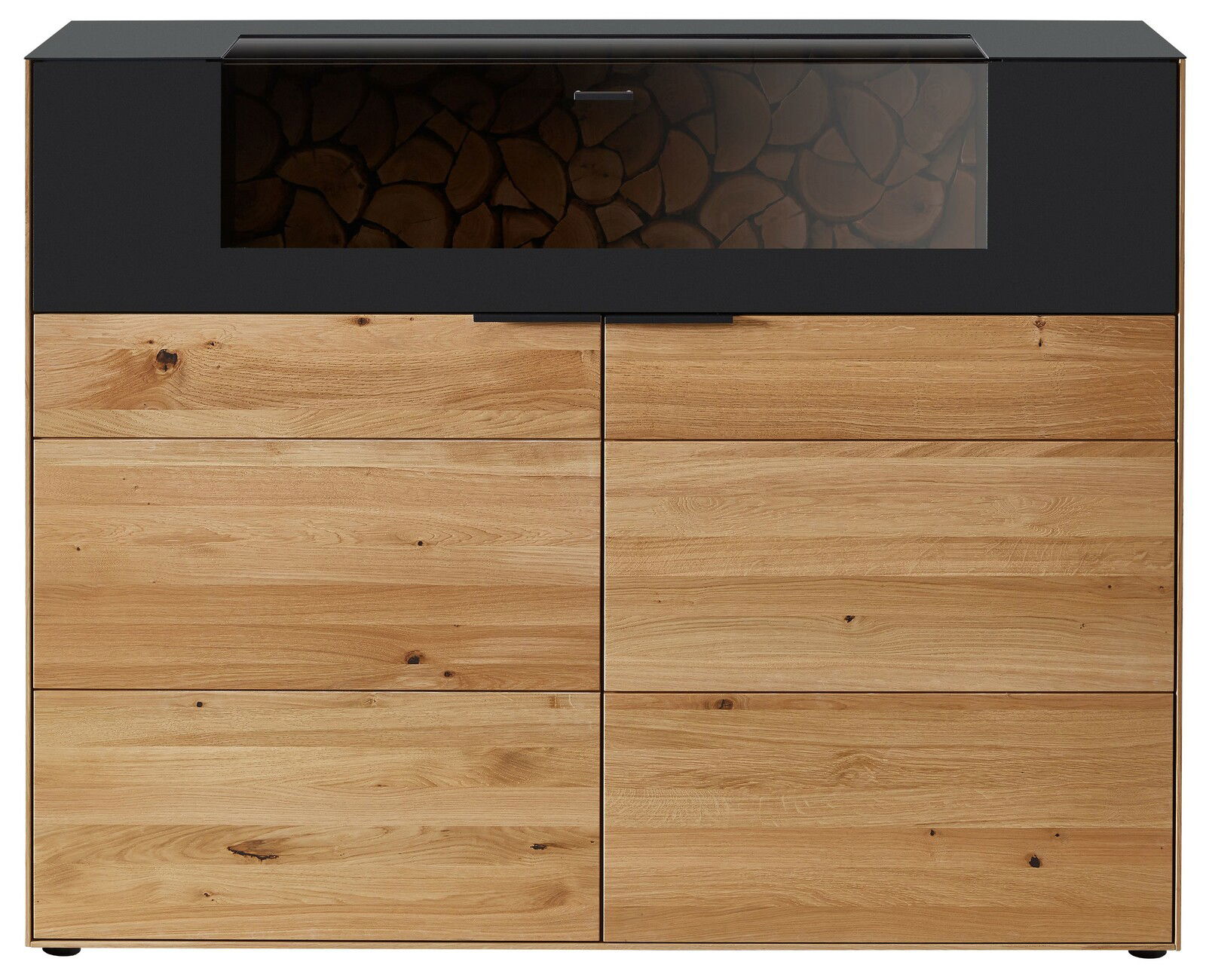 Frontale Ansicht eines modernen Highboards mit Holzoptik und schwarzem Glaseinsatz.