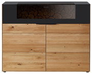 Frontale Ansicht eines modernen Highboards mit Holzoptik und schwarzem Glaseinsatz.